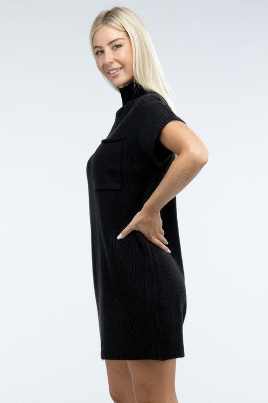 Zenana Mock Neck Short Sleeve Sweater Dress with Pocket