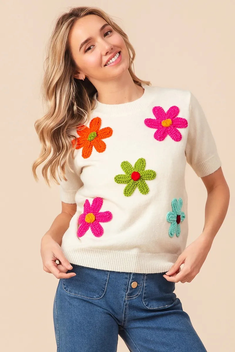 Embroidered Daisy Pullover Sweater – Cheerful, Soft & Feminine