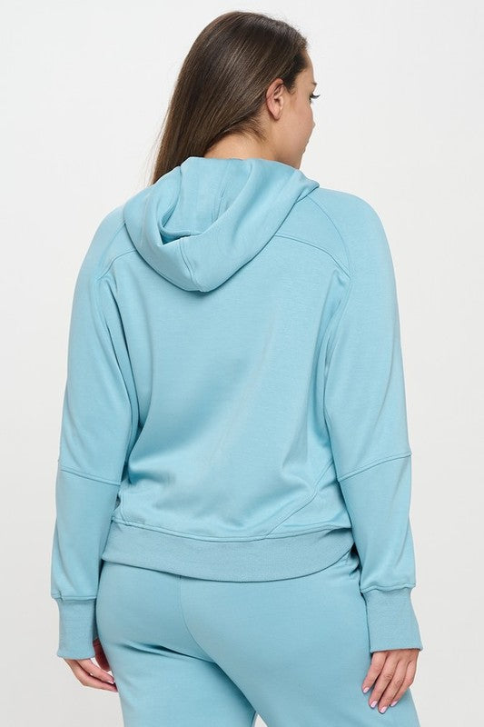 Light blue hooded quarter-zip hoodie, back view with relaxed fit