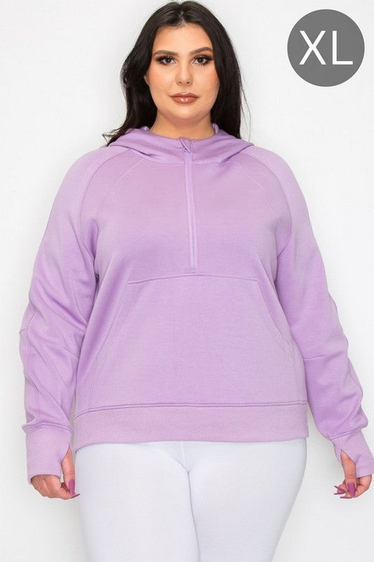 Lavender hooded quarter-zip hoodie with kangaroo pocket and long sleeves