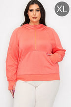 Coral hooded quarter-zip hoodie with kangaroo pocket and center front zipper