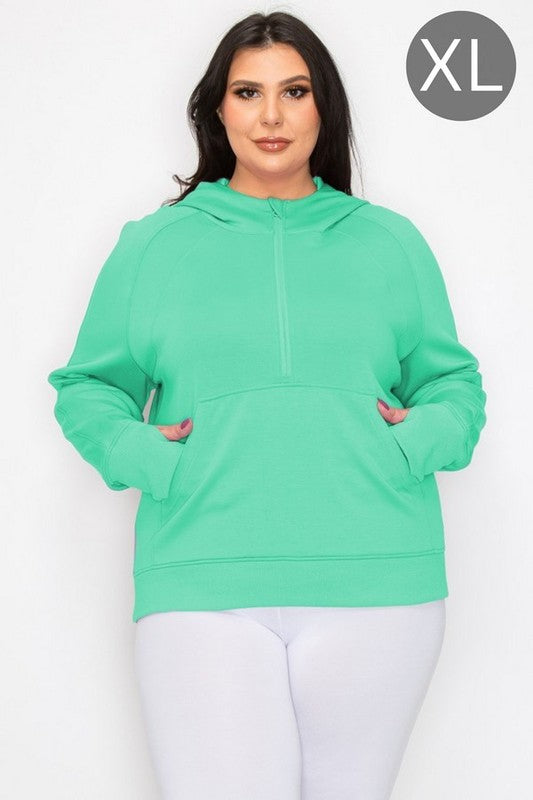 Mint quarter-zip hoodie with hood and kangaroo pocket, XL