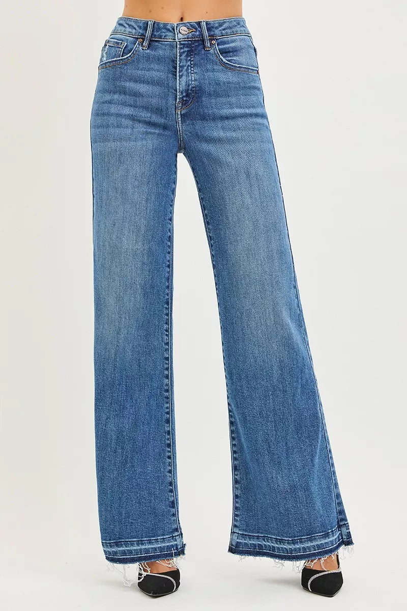 Women's high-rise wide-leg jeans, medium blue wash, frayed released hem