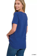 Women’s light navy V-neck short-sleeve T-shirt, side/back view
