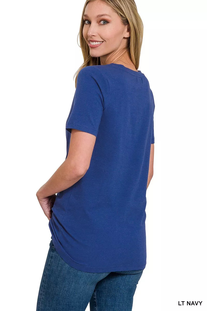Women’s light navy V-neck short-sleeve T-shirt, side/back view