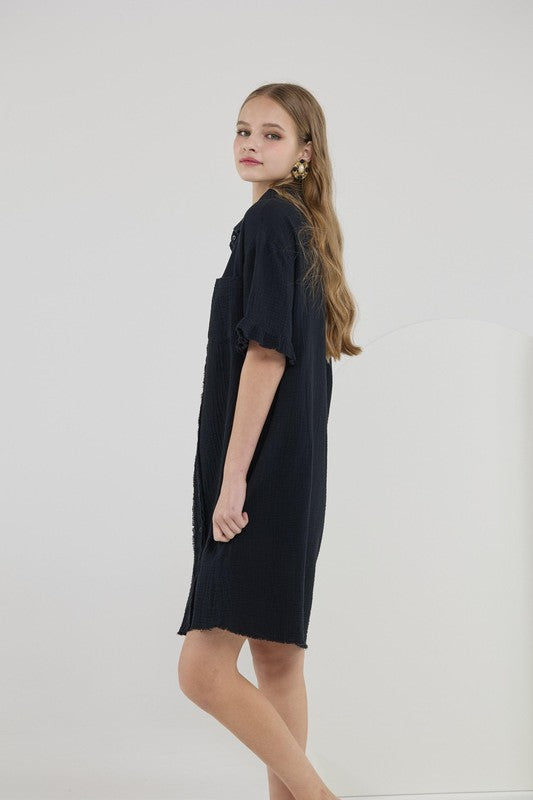 Noflik Plus Frayed Edge Shirt Dress – Breezy Button Down Style