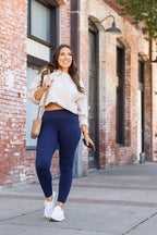 Navy full-length leggings with pockets, fitted athletic pants