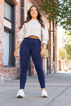 Navy leggings with pockets, ankle-length slim athletic pants