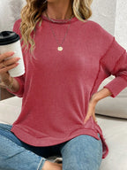 Side Slit Round Neck Dropped Shoulder Sweatshirt – Relaxed Casual Fit