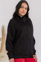 Black funnel-neck oversized zip-up jacket with patch pockets, front view