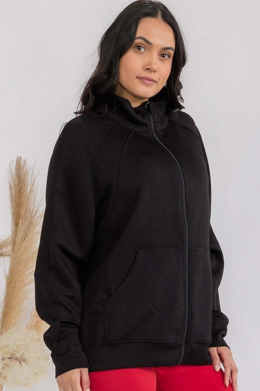 Black funnel-neck oversized zip-up jacket with patch pockets, front view