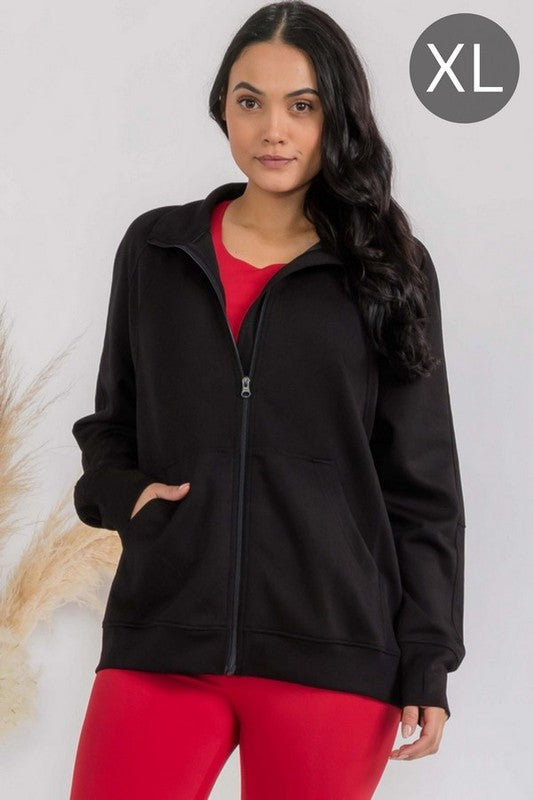 Black funnel-neck oversized zip-up jacket with patch pockets and raglan sleeves