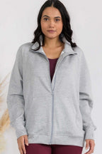 Heather grey funnel-neck zip jacket with front zip, patch pockets, raglan sleeves