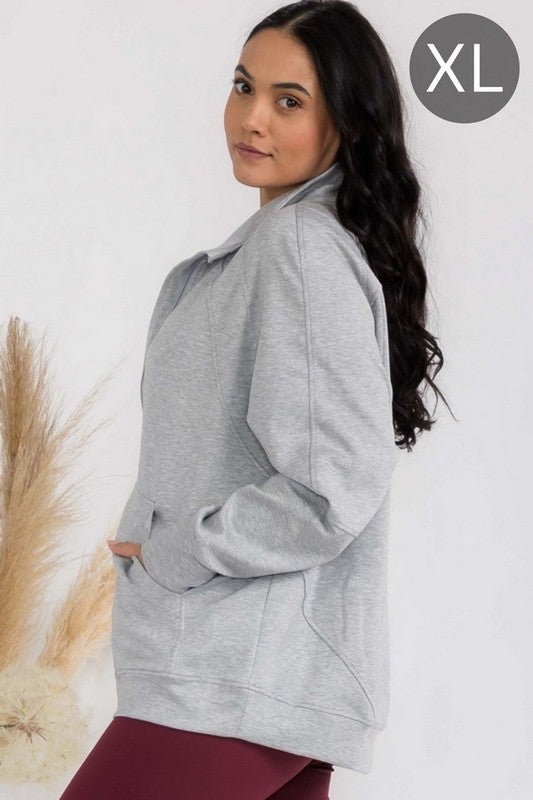 Heather grey funnel-neck zip jacket with patch pockets and raglan sleeves, oversized