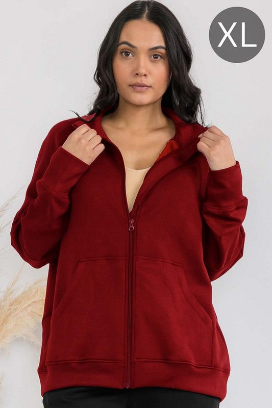 Maroon oversized zip jacket with funnel neck and patch pockets, raglan sleeves