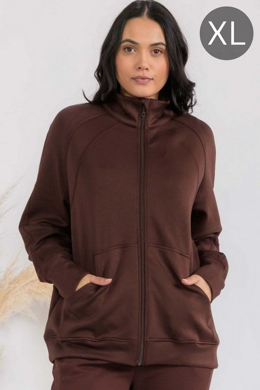 Maroon funnel-neck zip jacket with patch pockets and raglan sleeves, oversized