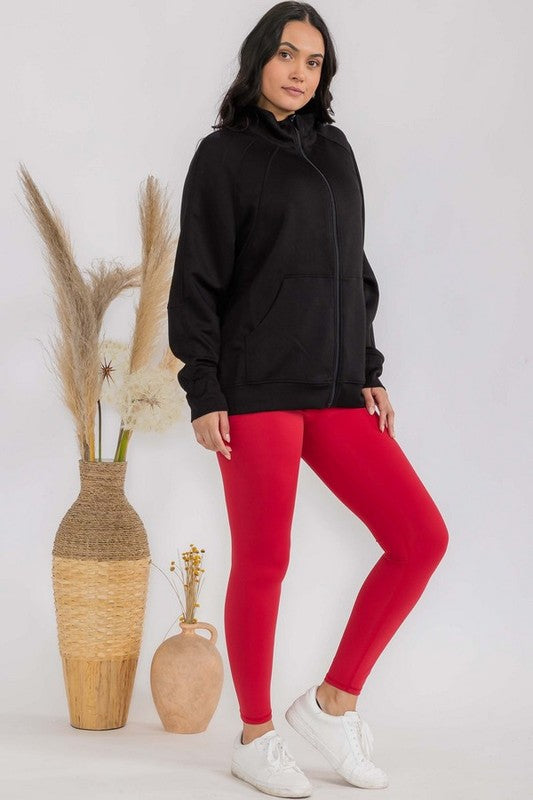 Black funnel-neck oversized zip-up jacket with patch pockets and long sleeves