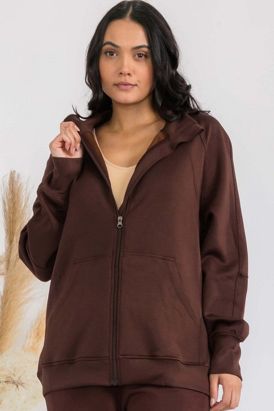 Maroon funnel-neck oversized zip-up jacket with patch pockets and raglan sleeves