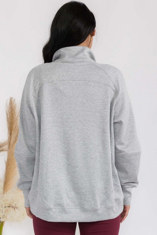 Heather grey funnel-neck zip jacket back view with patch pockets and raglan sleeves