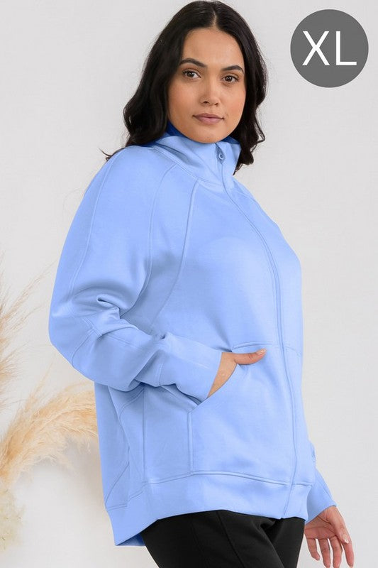 Periwinkle funnel-neck zip jacket with patch pockets and raglan sleeves, oversized fit