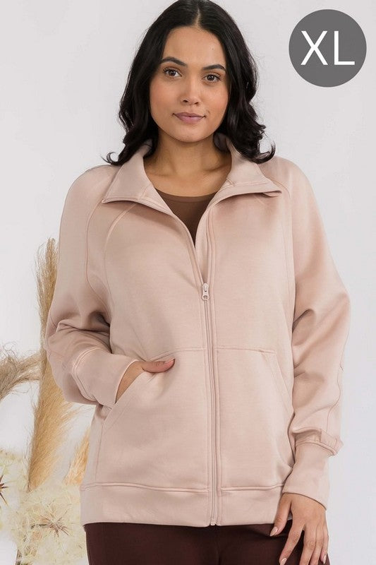 Blush apricot funnel-neck zip jacket with patch pockets and raglan sleeves, oversized
