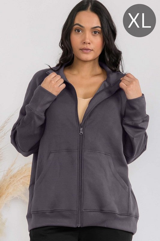 Heather gray funnel-neck oversized zip-up jacket with patch pockets and raglan sleeves