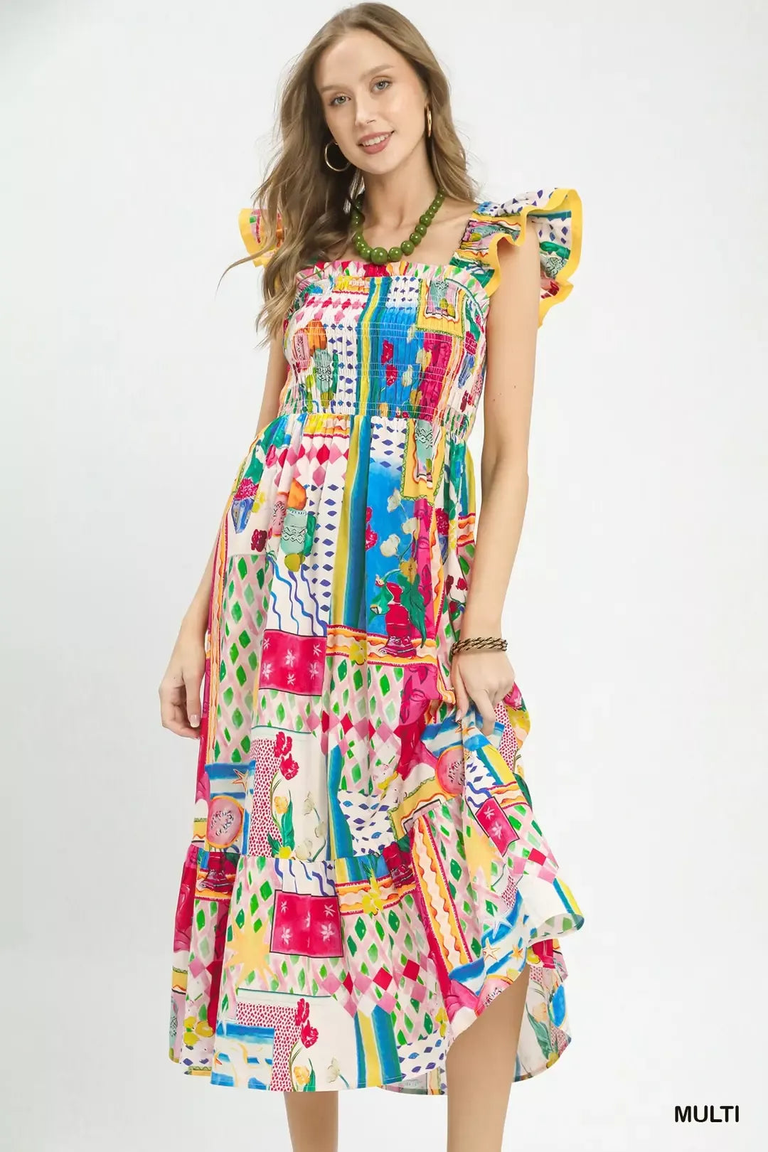Multi-color abstract print smocked tiered midi dress with ruffled cap sleeves