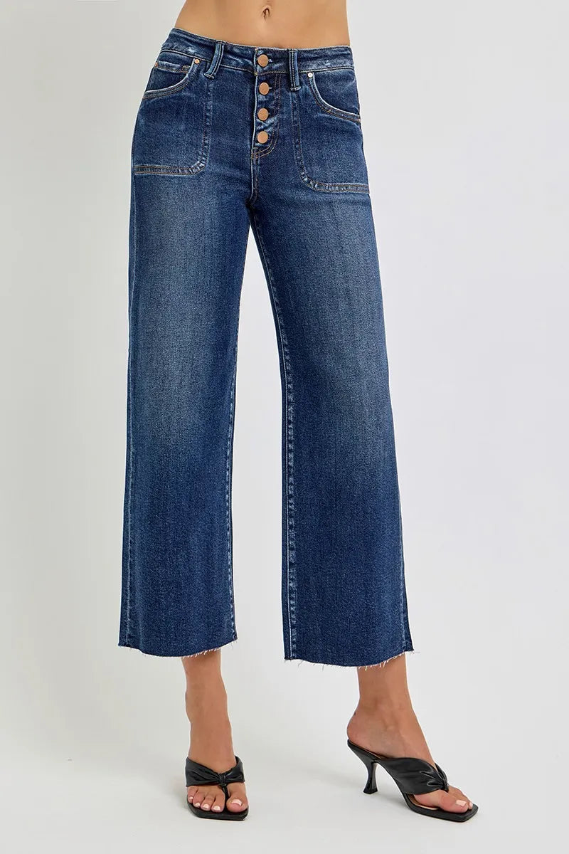 High-Waisted Wide-Leg Cropped Jeans – Button-Fly Medium Wash