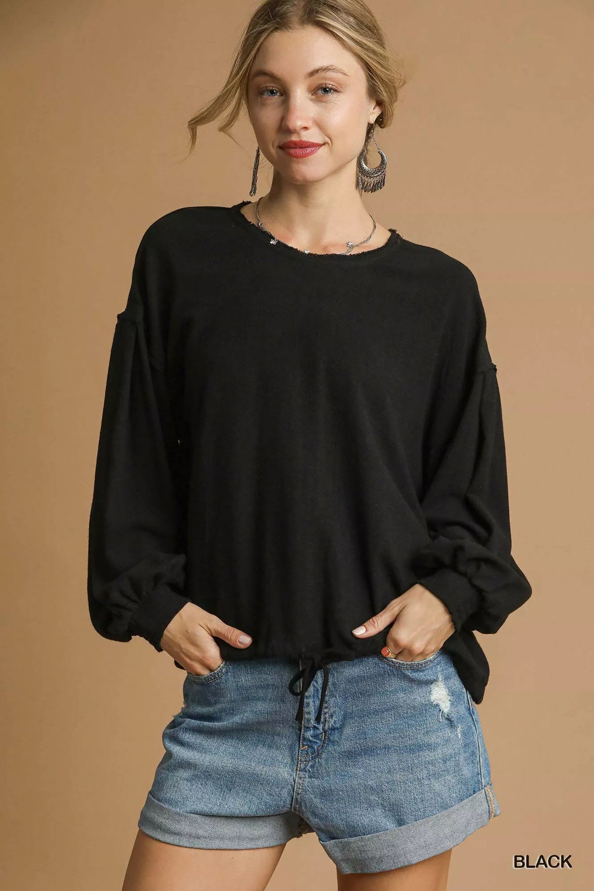 Linen Long Sleeve Top with Drawstring Detail Plus Women’s Versatile Shirt