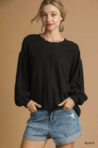 Linen Long Sleeve Top with Drawstring Detail Plus Women’s Versatile Shirt