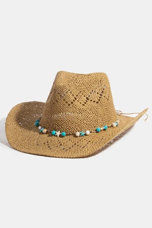 Western Straw Hat with Turquoise & Shell Star Beads – Boho Style