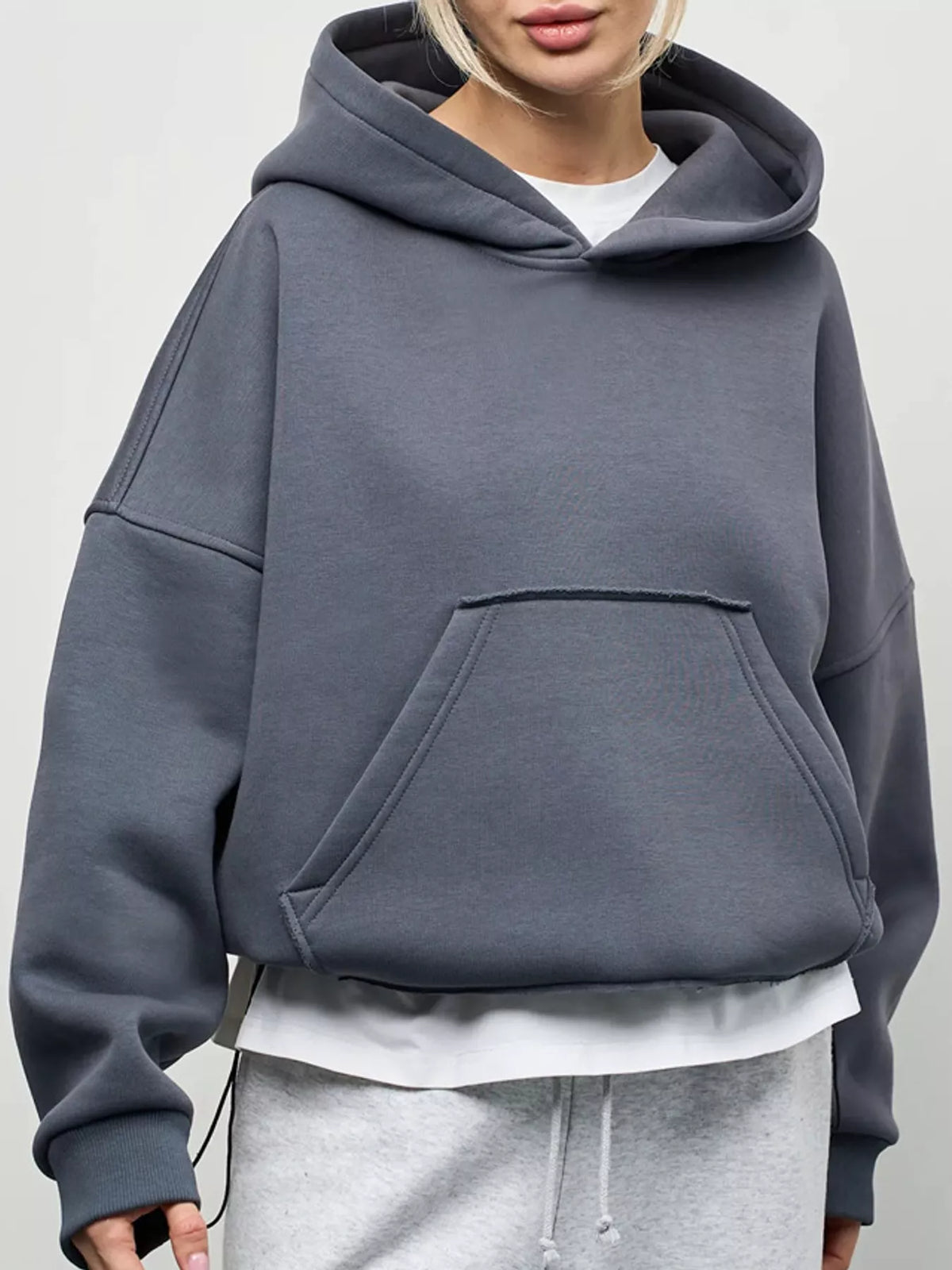 Oversized kangaroo pocket hoodie with hood, dark gray front view