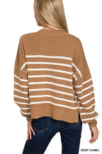Camel & White Striped Oversized Sweater – Soft Knit, Casual Fit