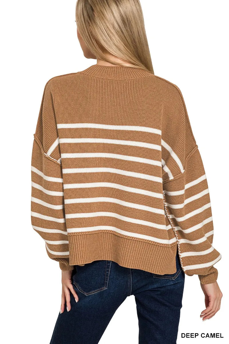 Camel & White Striped Oversized Sweater – Soft Knit, Casual Fit