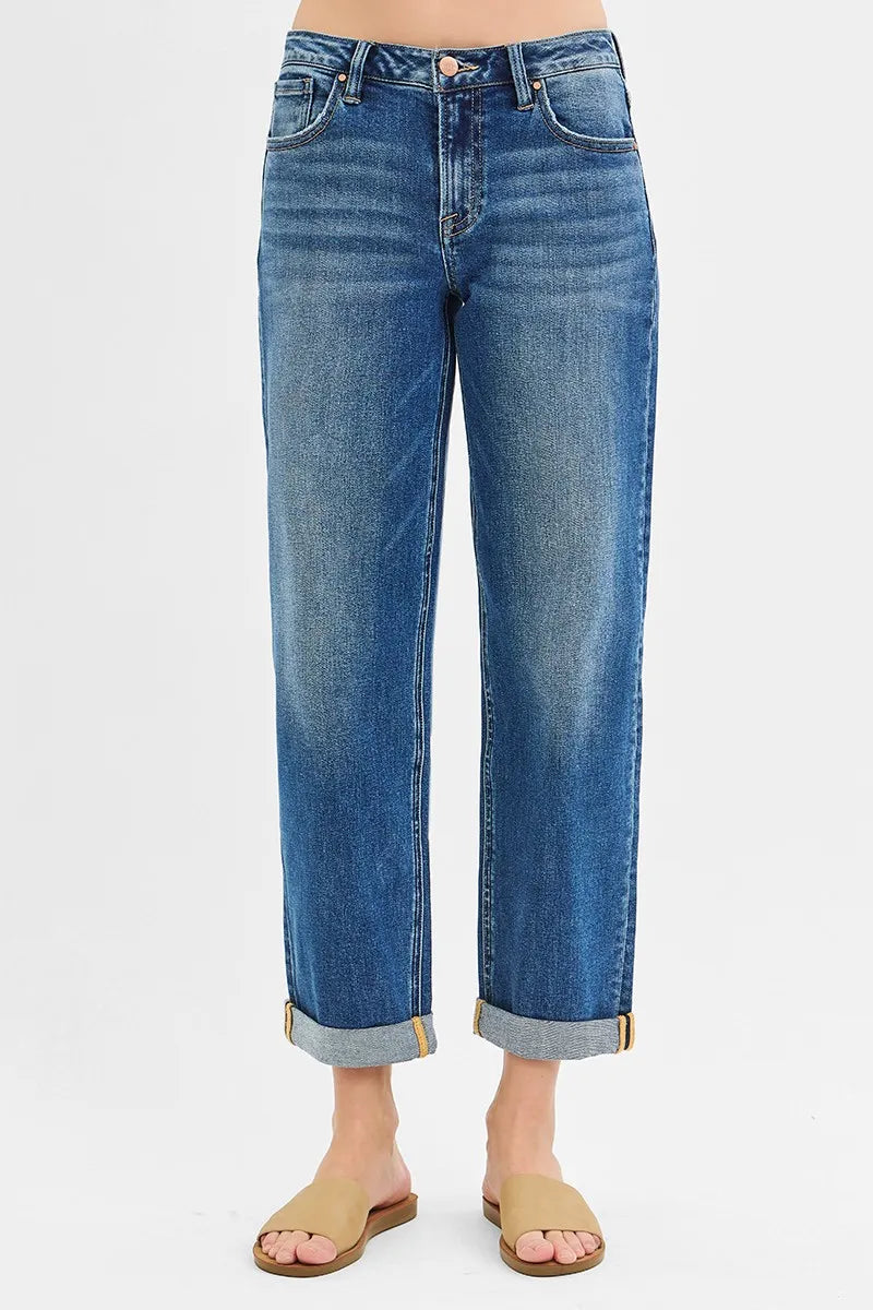 High-Waisted Straight Leg Jeans – Medium Wash Cuffed Denim