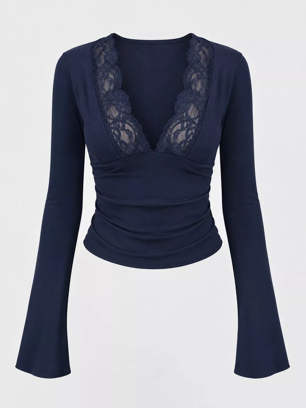 Navy lace-trim V-neck long-sleeve tee with scalloped lace neckline, front view