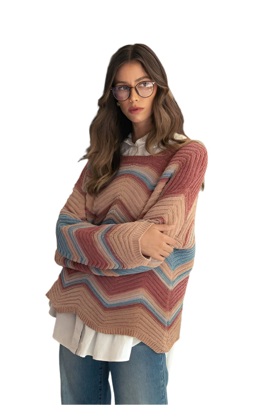 Annie Wear Multi Color Zig-Zag Round Neck Sweater
