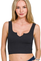 Black Ribbed Cropped Tank Top – V-Neck with Scalloped Trim