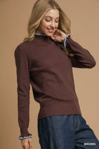 Ribbed Round Neck Sweater with Ruffle Trim – Feminine Winter Style