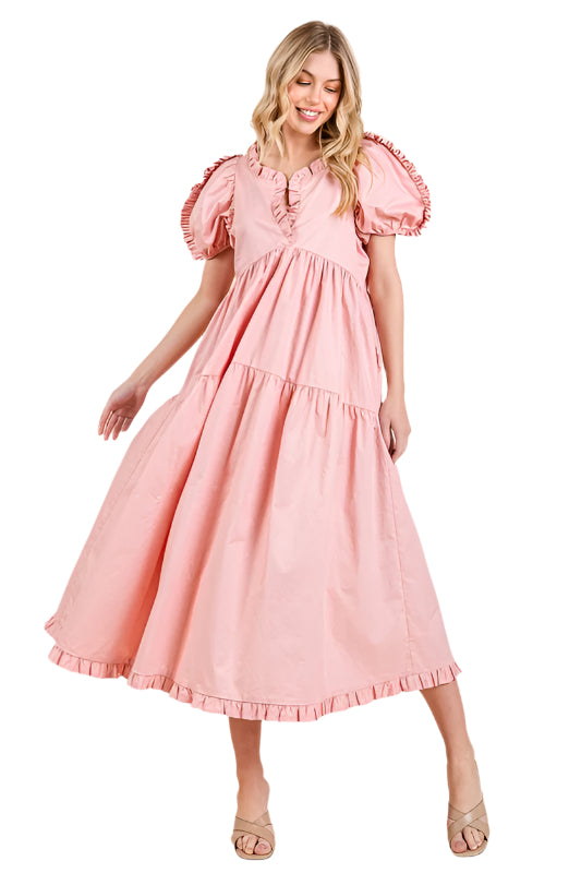 GeeGee Ruffle Trim Puff Sleeve Tiered Babydoll Midi Dress