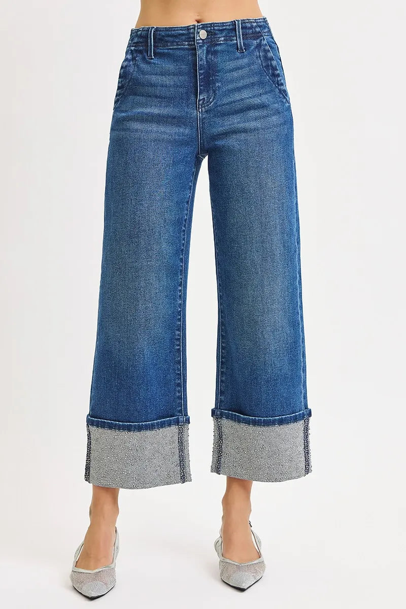 High Rise Ankle Rhinestone Cuffed Jeans – Trendy Cropped Denim