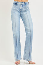 Light wash high-rise straight-leg jeans, front pockets and button closure