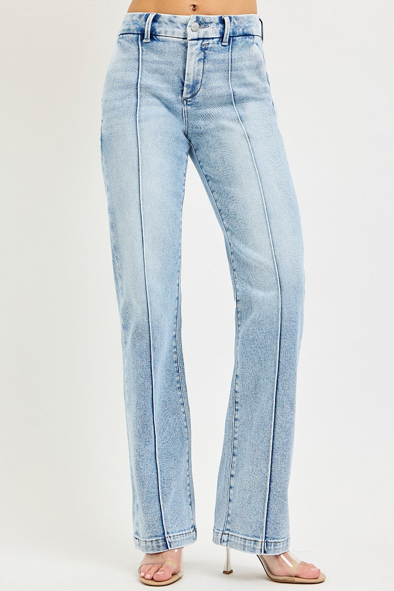 Light wash high-rise straight-leg jeans, front pockets and button closure