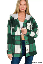 Women's plaid fleece shacket, drawstring hood and button front with chest pockets