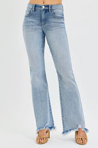 Mid Rise Flare Jeans with Tummy Control & Fray Hem | Trendy Fit