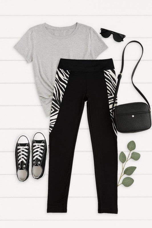 Black zebra print panel leggings with pockets