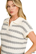 Collared knit sweater vest with gray-and-cream horizontal stripes, short sleeve