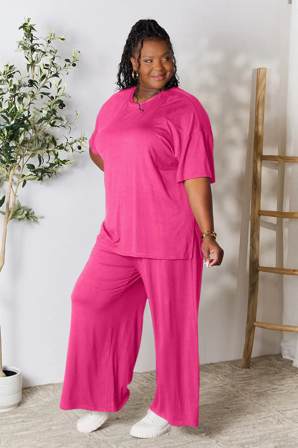 Chic Round Neck Slit Top & Pants Set – Stylish, Comfy & Versatile