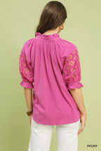 Peony pink linen lace V-neck top, back pleats and 3/4 puff sleeves