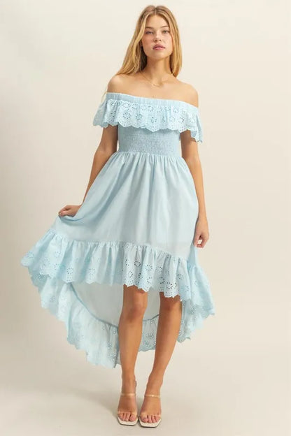HYFVE High-Low Eyelet Ruffled Off-Shoulder Dress